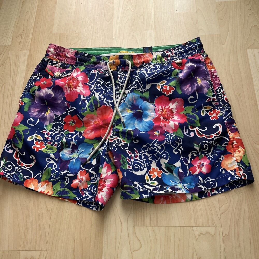 Polo Ralph Lauren Swim Trunks Mens Large Blue Floral Lined Colorful Shorts